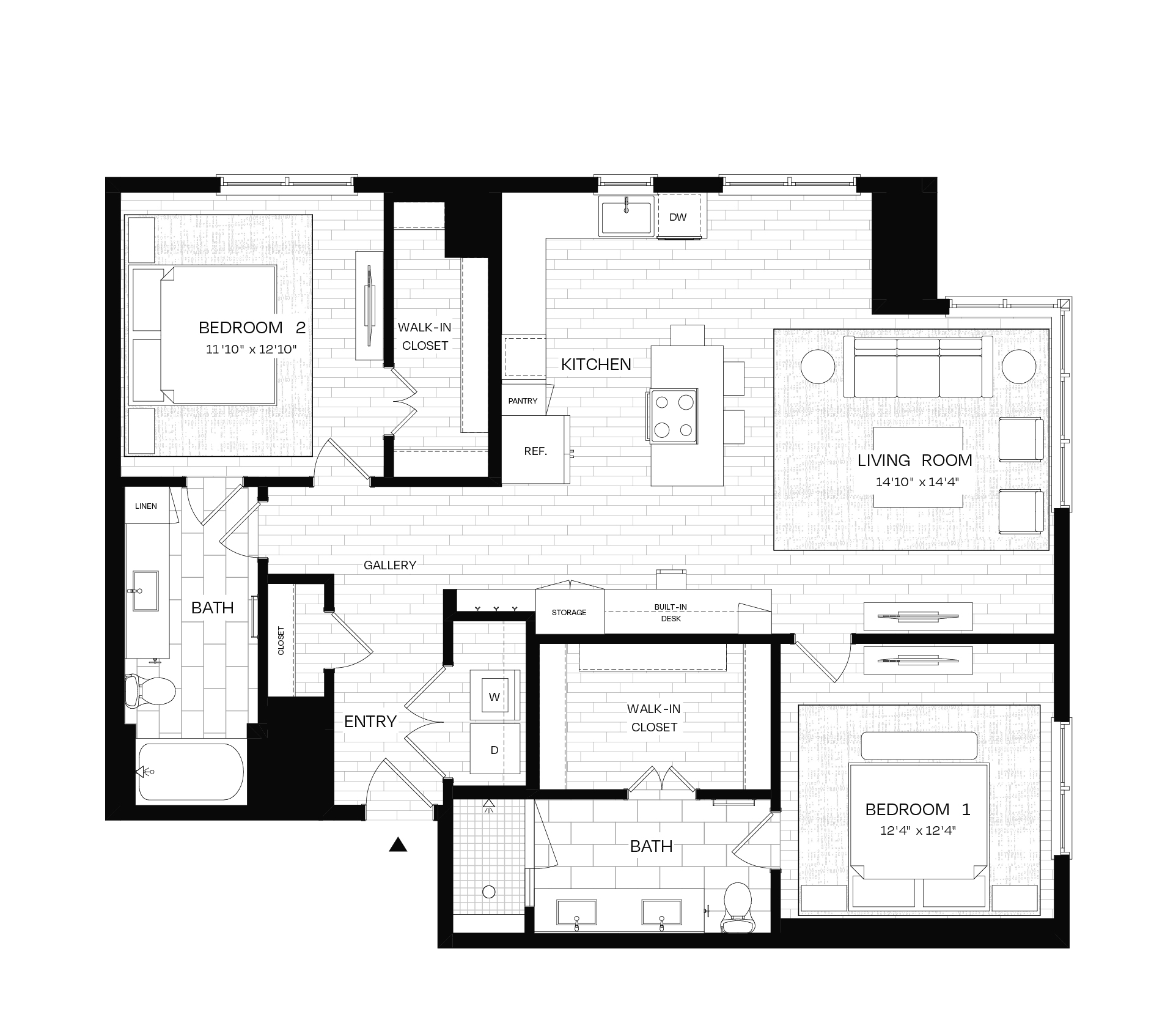 Floor plan for 2 beds, 2 baths, 1363 sqft